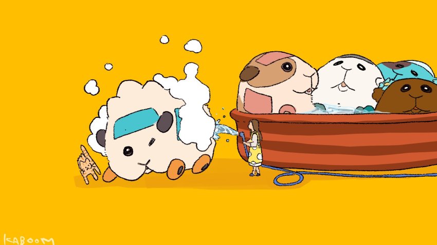1girl abbey&#039;s_driver_(pui_pui_molcar) abbey_(pui_pui_molcar) animal_focus artist_name brown_hair chappy_(pui_pui_molcar) choco_(pui_pui_molcar) dress faceless faceless_female guinea_pig highres hose kab00m_chuck long_hair molcar one_eye_closed polka_dot polka_dot_dress pool potato_(pui_pui_molcar) pui_pui_molcar shiromo_(pui_pui_molcar) simple_background solid_circle_eyes washing washing_another yellow_background yellow_dress