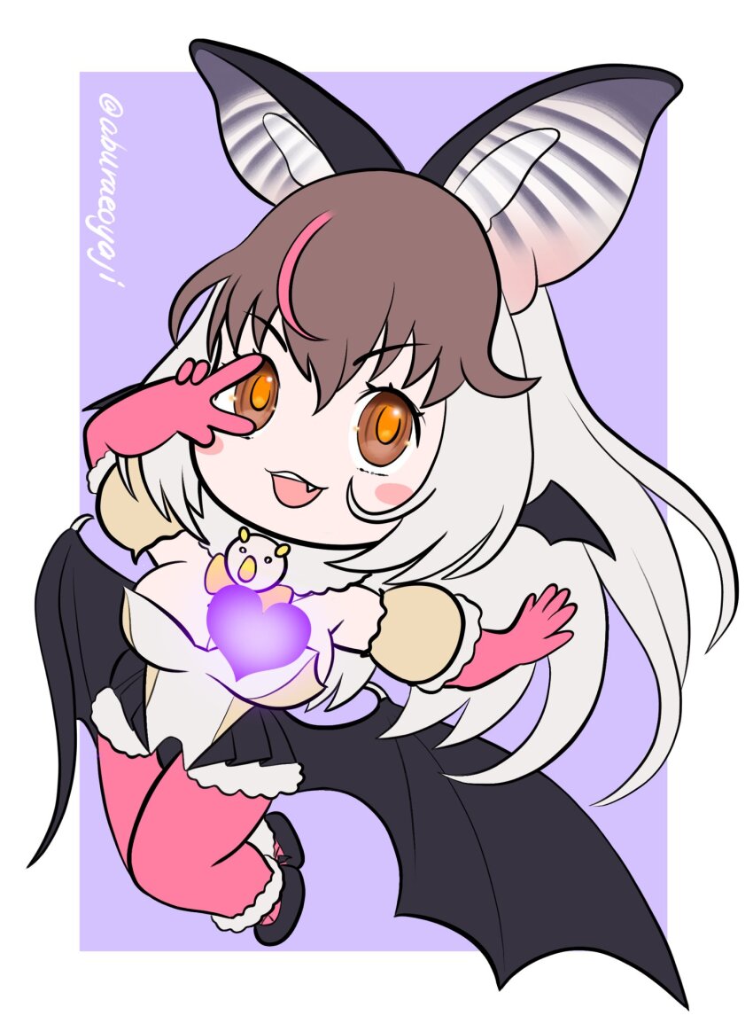 1girl aburaeoyaji brown_hair brown_long-eared_bat_(kemono_friends) full_body heart highres kemono_friends kemono_friends_v_project long_hair looking_at_viewer simple_background solo virtual_youtuber
