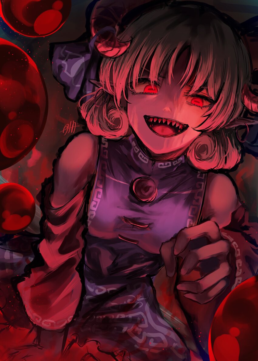 absurdres bare_shoulders blood blue_dress blue_ribbon curly_hair detached_sleeves dress highres horizontal_pupils horn_ornament horn_ribbon horns meandros patterned_clothing pointy_ears rectangular_pupils red_eyes red_horns red_sleeves ribbon sharp_teeth sheep_horns smile takana_(forsterite) teeth touhou toutetsu_yuuma white_hair