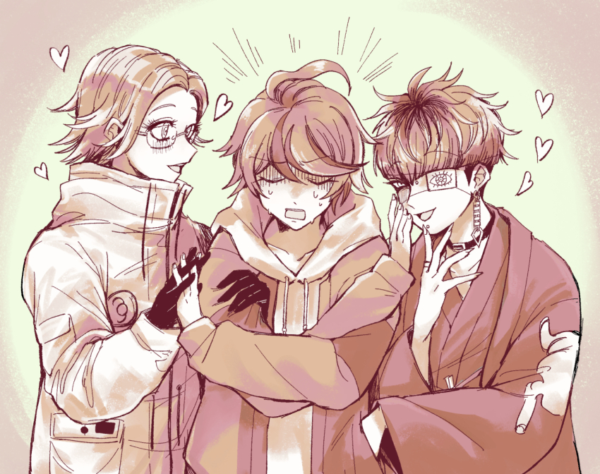 3boys ahoge aotsuki_eito black_gloves bridge_piercing closed_eyes ear_piercing earrings eyepatch face_piercing fingernails glasses gloves hair_between_eyes heart holding_hands japanese_clothes jewelry limited_palette lip_piercing looking_at_another looking_at_viewer male_focus messy_hair multiple_boys omokage_yugamu one_eye_covered open_mouth piercing simple_background sumino_takumi the_hundred_line_-last_defense_academy- yaoi yellow_background