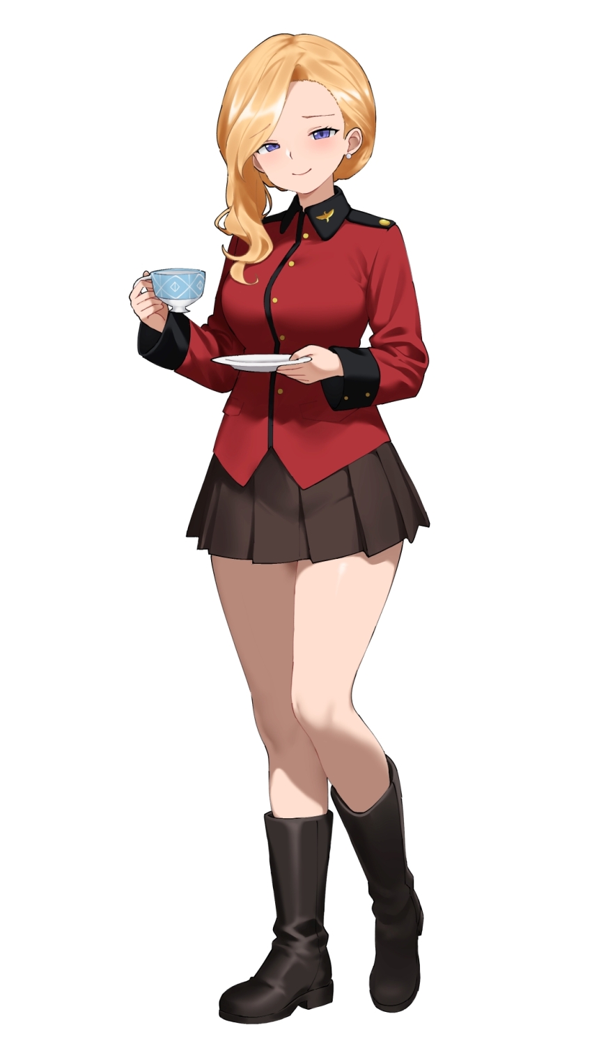 1girl azur_lane black_boots black_skirt blonde_hair blue_eyes boots cosplay cup earrings full_body girls_und_panzer highres holding holding_cup holding_saucer hood_(azur_lane) jacket jewelry long_hair long_sleeves looking_at_viewer military military_uniform miniskirt parallelrey pleated_skirt saucer skirt smile solo st._gloriana&#039;s_military_uniform standing teacup white_background