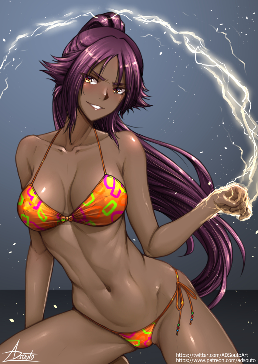 1girl adsouto artist_name bare_shoulders bikini bleach breasts collarbone dark-skinned_female dark_skin electricity female_focus hair_ornament highres long_hair medium_breasts patreon_username ponytail purple_hair shihouin_yoruichi swimsuit twitter_username variant_set yellow_eyes
