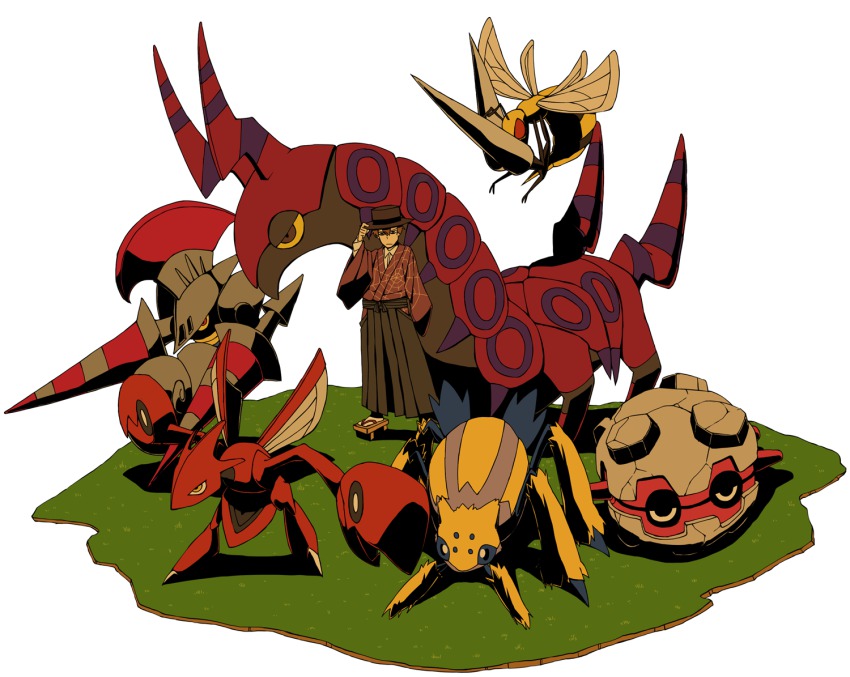 1boy bad_id bad_pixiv_id beedrill blue_eyes brown_hair escavalier faux_figurine forretress galvantula gen_1_pokemon gen_2_pokemon gen_5_pokemon geta hakama hakama_skirt hat japanese_clothes male_focus nintendo pokemon pokemon_(creature) red_eyes scizor scolipede skirt yaza yellow_eyes
