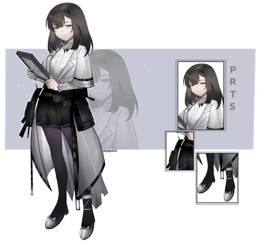 1girl arknights artist_name black_hairband black_skirt bow brown_hair closed_mouth coat concept_art dr.deims_(dim5s) footwear_bow full_body grey_bow grey_coat grey_pupils grey_shoes grey_sweater hairband highres holding initial lab_coat layered_sleeves long_sleeves looking_at_viewer medium_hair miniskirt multiple_views pantyhose priestess_(arknights) purple_eyes purple_pantyhose shoes short_over_long_sleeves short_sleeves skirt smile split_mouth standing sweater turtleneck turtleneck_sweater twitter_username