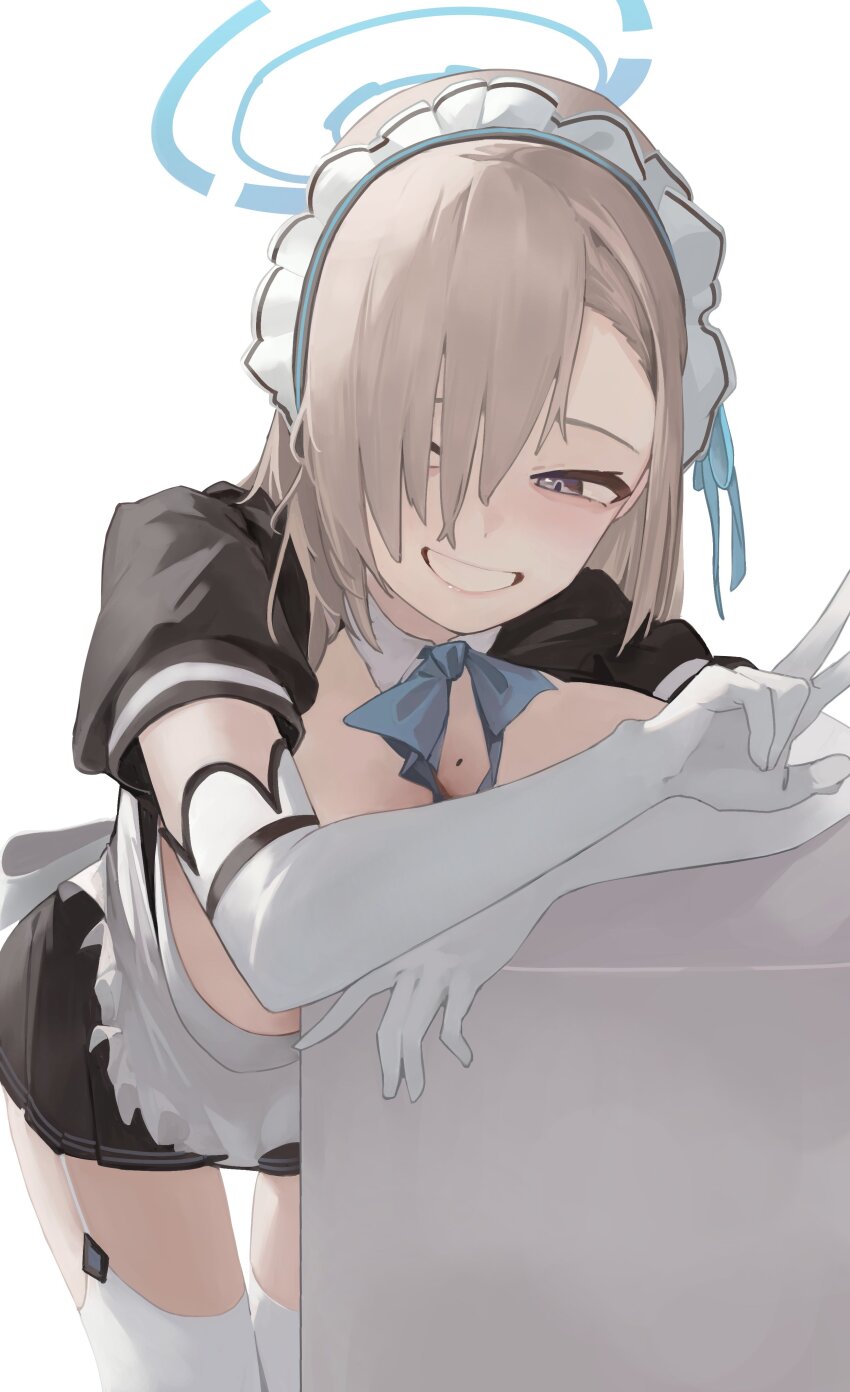 1girl absurdres apron asuna_(blue_archive) asymmetrical_bangs blue_archive blue_bow blue_bowtie blue_halo blue_ribbon blush bow bowtie breasts elbow_gloves gloves grin hair_over_one_eye halo highres jun_daniell looking_at_viewer maid maid_headdress mole mole_on_breast pantyhose puffy_short_sleeves puffy_sleeves ribbon short_hair short_sleeves smile solo thighband_pantyhose thighhighs traditional_bowtie white_background white_gloves white_thighhighs