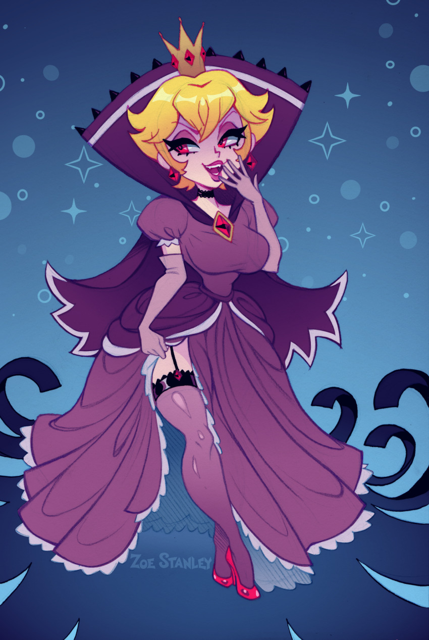 1girl absurdres bleedingpervert blonde_hair blue_background breasts brooch choker clothes_lift corruption crown dark_persona dress dress_lift earrings elbow_gloves eyeshadow fangs frilled_dress frills full_body garter_straps gloves half-closed_eyes high_heels highres jewelry juliet_sleeves lace lace_choker large_breasts lipstick long_sleeves looking_to_the_side makeup mario_(series) nintendo open_mouth paper_mario paper_mario:_the_thousand-year_door possessed possession princess_peach puffy_sleeves red_eyes red_lips shadow_queen short_hair smile solo standing thighhighs