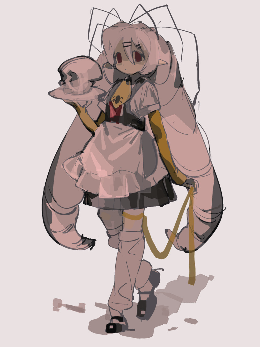 1girl absurdres antenna_hair apron black_shoes black_skirt chinese_commentary closed_mouth commentary_request expressionless full_body gloves hair_ornament hairclip highres holding holding_plate long_hair mary_janes necktie original plate pointy_ears red_eyes shoes simple_background skirt skull socks solo suspender_skirt suspenders vihua6 waist_apron walking white_apron white_background white_hair white_skirt white_socks yellow_gloves yellow_necktie