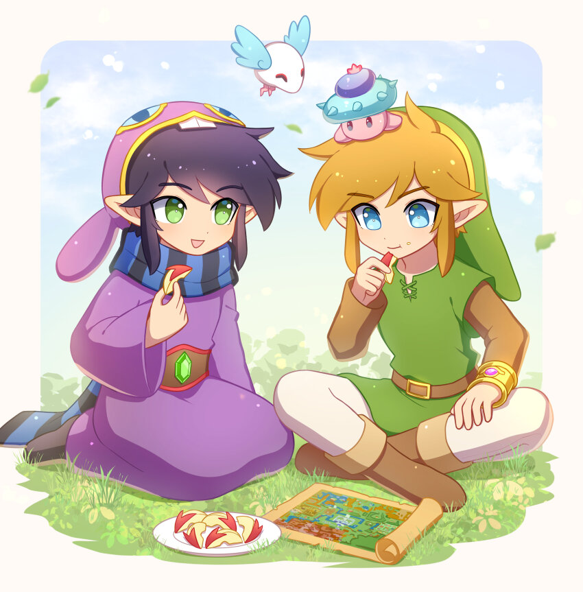 2boys :d :t ^_^ absurdres animal_hood apple apple_rabbit apple_slice baby_maiamai belt belt_buckle black_hair blonde_hair blue_eyes blue_sky boots border brown_belt brown_footwear buckle closed_eyes closed_mouth commentary eating english_commentary enni flying food food_art food_on_face fruit gem grass green_eyes green_gemstone green_headwear green_tunic hand_up hat highres holding holding_food hood hood_down layered_sleeves leaf link long_sleeves male_focus map multiple_boys nintendo on_grass on_head open_mouth outside_border parted_bangs plate pointy_ears purple_robe rabbit_hood ravio robe scarf scroll sheerow short_hair short_over_long_sleeves short_sleeves sidelocks sitting sky smile striped_clothes striped_scarf the_legend_of_zelda the_legend_of_zelda:_a_link_between_worlds tunic white_border