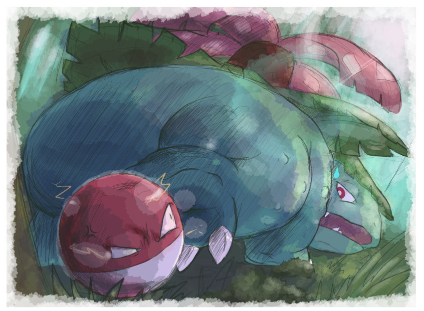anger_vein animal_focus border bright_pupils claws fangs full_body game_freak gen_1_pokemon grass highres looking_at_another looking_back nintendo no_humans open_mouth pokemon pokemon_(creature) red_eyes venusaur venusaur-propaganda voltorb white_border white_pupils