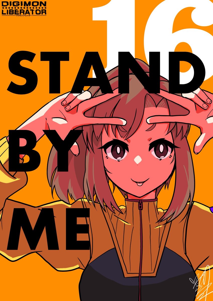 1girl black_jacket brown_eyes brown_hair chapter_number copyright_name digimon digimon_card_game digimon_liberator double_v high_ponytail highres jacket kinosaki_arisa orange_background ponytail release_celebration signature simple_background solo tongue tongue_out upper_body usagibochi v yellow_jacket