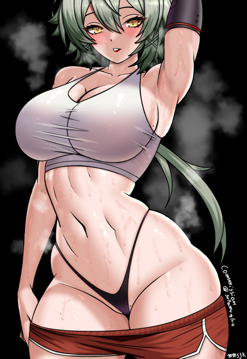 1girl abs alternate_costume arm_up armpits black_background black_panties breasts caesar_king_(zenless_zone_zero) cleavage clothes_pull dolphin_shorts elbow_gloves gloves green_hair hair_between_eyes hair_ornament highleg highleg_panties highres large_breasts long_hair looking_at_viewer mommymilkers3k navel panties parted_lips red_shorts short_shorts shorts shorts_pull single_elbow_glove solo sports_bra standing steam stomach underwear white_sports_bra x_hair_ornament yellow_eyes zenless_zone_zero