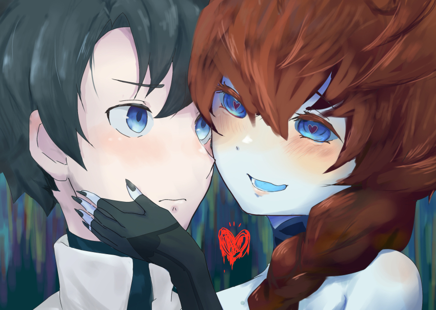1boy 1girl alternate_hair_color bare_shoulders black_gloves black_hair blue_eyes blue_skin blue_tongue blush braid brown_hair chaldea_uniform colored_skin colored_tongue commentary_request fate/grand_order fate_(series) fujimaru_ritsuka_(male) gloves hand_on_another&#039;s_cheek hand_on_another&#039;s_face heart heart-shaped_pupils highres ichimatu1205 see-through_clothes see-through_sleeves side_braid symbol-shaped_pupils van_gogh_(fate) van_gogh_(second_ascension)_(fate)