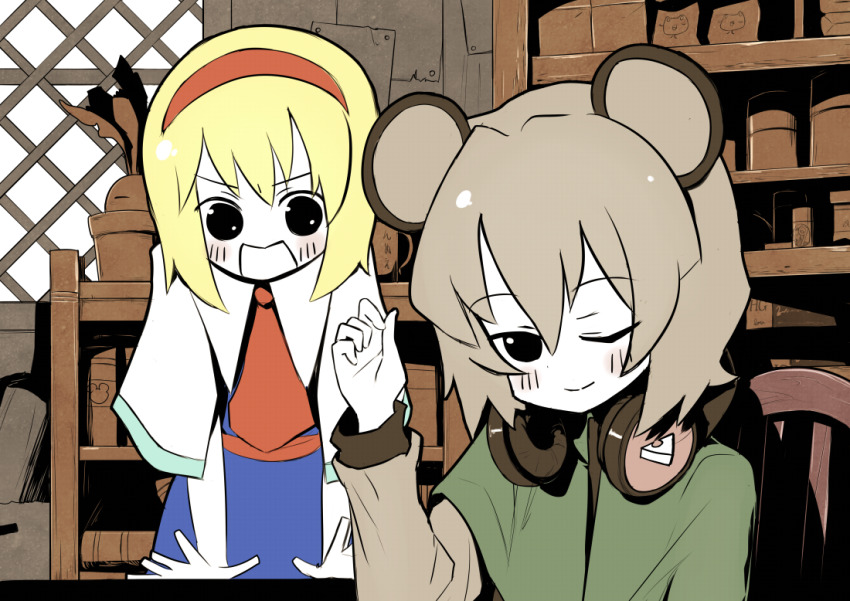 2girls alice_margatroid animal_ears black_eyes blue_dress blush book capelet chair cirno cirno_(cookie) closed_mouth colored_skin commentary_request cookie_(touhou) desk_slam dress green_capelet grey_hair grey_shirt hair_between_eyes hairband headphones hide_(acceed) ichigo_(cookie) indoors jar looking_at_viewer manatsu_no_yo_no_inmu miyako_(naotsugu) mouse_ears multiple_girls nazrin necktie nyon_(cookie) one_eye_closed open_mouth red_hairband red_neckwear red_sash sash shelf shirt short_hair sitting smile touhou upper_body white_capelet white_skin window