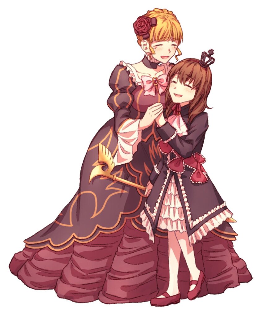 2girls beatrice_(umineko) black_dress blonde_hair braid breasts brown_hair closed_eyes commentary_request crown crown_braid dress flower hair_flower hair_ornament highres holding_hands hswoimuxk0pwr0h_(bbdan) large_breasts layered_dress loafers long_dress maria_(umineko) multiple_girls open_mouth red_flower red_rose rose shoes sidelocks simple_background smile spoilers standing tearing_up umineko_no_naku_koro_ni ushiromiya_maria white_background