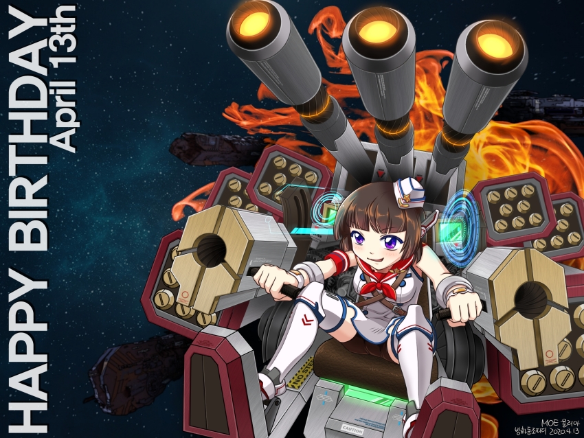 1girl armored_boots artist_name banghwadongjopidi belt bike_shorts black_hair black_shorts blunt_bangs bob_cut boots breasts brown_belt buttons cannon caution character_name cockpit commentary copyright_name dated double-breasted english_text fire gears happy_birthday hat highres holographic_interface korean_commentary master_of_eternity mecha medium_breasts military_hat mini_hat missile_pod open_cockpit open_mouth piloting purple_eyes red_sailor_collar robot sailor_collar short_hair shorts sitting smile smirk solo space spacecraft star_(sky) star_(symbol) teeth thigh_boots tilted_headwear upper_teeth_only white_boots white_hat yulia_(master_of_eternity)