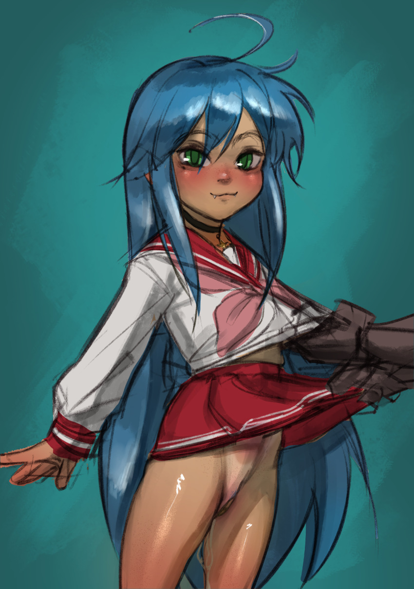 absurdres blue_hair choker green_eyes highres izumi_konata lucky_star nizumihd pussy red_skirt skirt