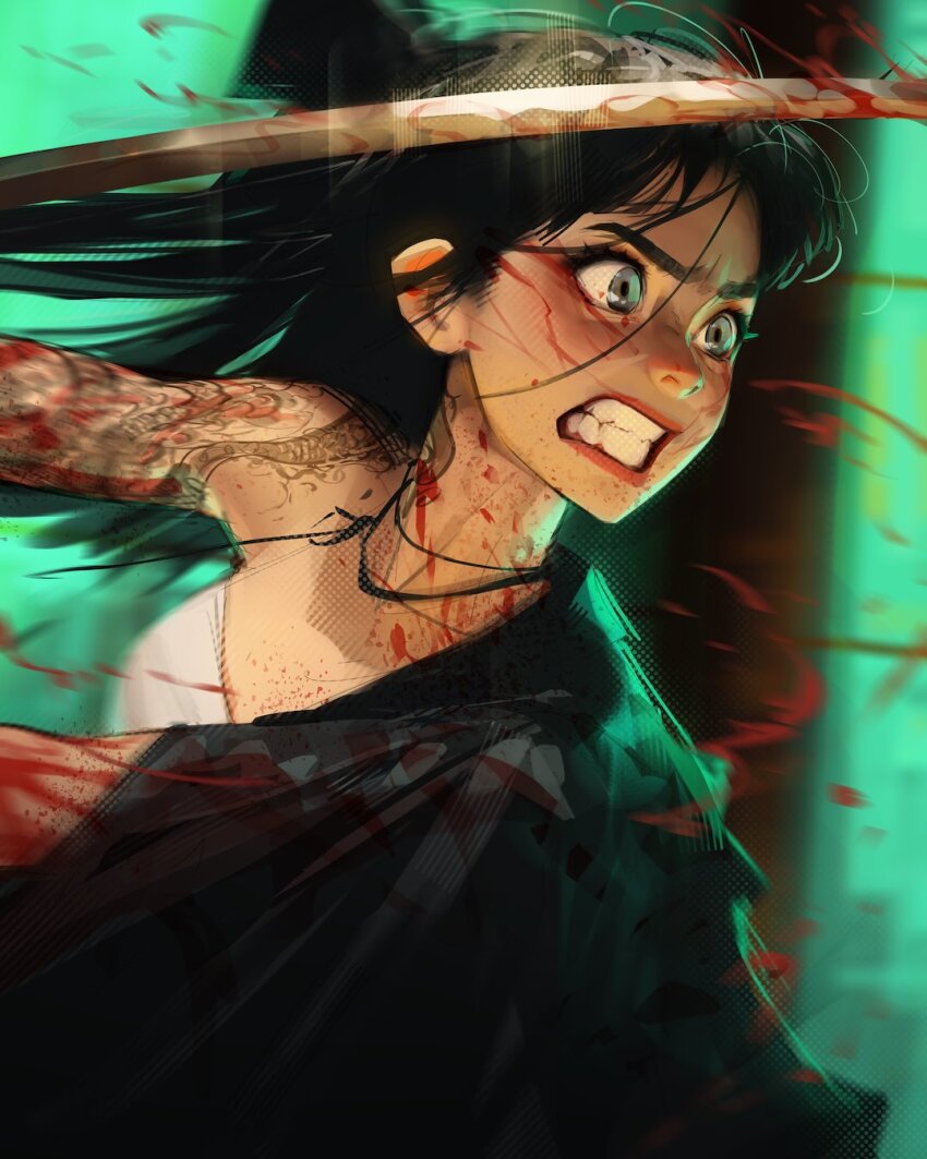 1girl angry bandaged_torso black_hair blood blood_on_arm blood_on_face blood_on_hands floating_blood green_eyes hair_bun highres holding holding_sword holding_weapon incoming_attack jacket jacket_on_shoulders jewelry necklace off_shoulder original sam_yang solo sword tattoo tattoo_sleeve teeth upper_body weapon
