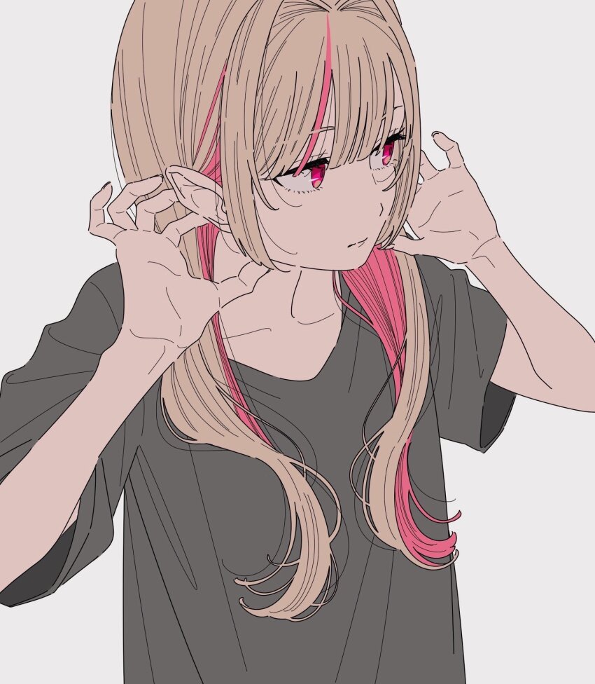 1girl brown_hair closed_mouth colored_inner_hair expressionless grey_shirt hair_intakes hair_over_shoulder highres kamatama_rom looking_to_the_side makaino_ririmu multicolored_hair nijisanji pink_eyes pink_hair pointy_ears shirt short_sleeves simple_background solo streaked_hair t-shirt two-tone_hair upper_body virtual_youtuber white_background