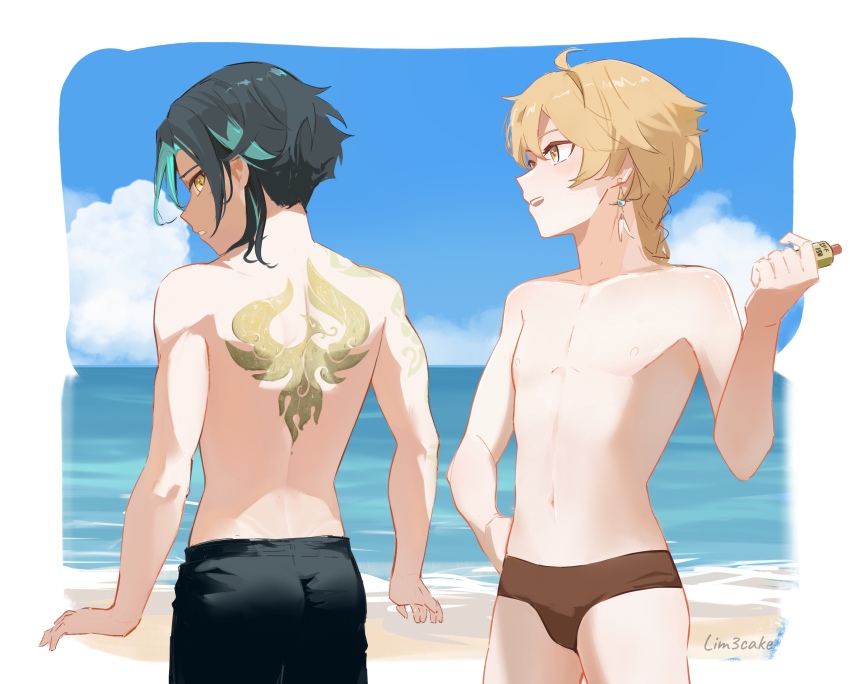 2boys absurdres aether_(genshin_impact) back_tattoo beach black_hair black_male_swimwear blonde_hair brown_male_swimwear earrings genshin_impact green_hair highres jewelry lim3cake long_hair male_focus male_swimwear multicolored_hair multiple_boys navel nipples ocean open_mouth short_hair stomach sunlight tattoo topless_male xiao_(genshin_impact) yellow_eyes