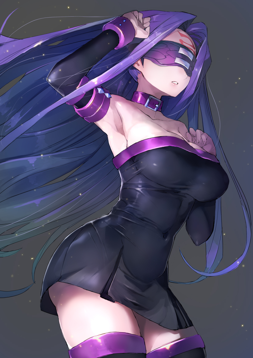 1girl armpits black_dress breasts detached_sleeves dress eye_mask fate_(series) grey_background hand_on_own_chest highres large_breasts long_hair mask medusa_(fate) medusa_(rider)_(fate) nails purple_hair serious skirt taishi_(picchiridou) thighhighs