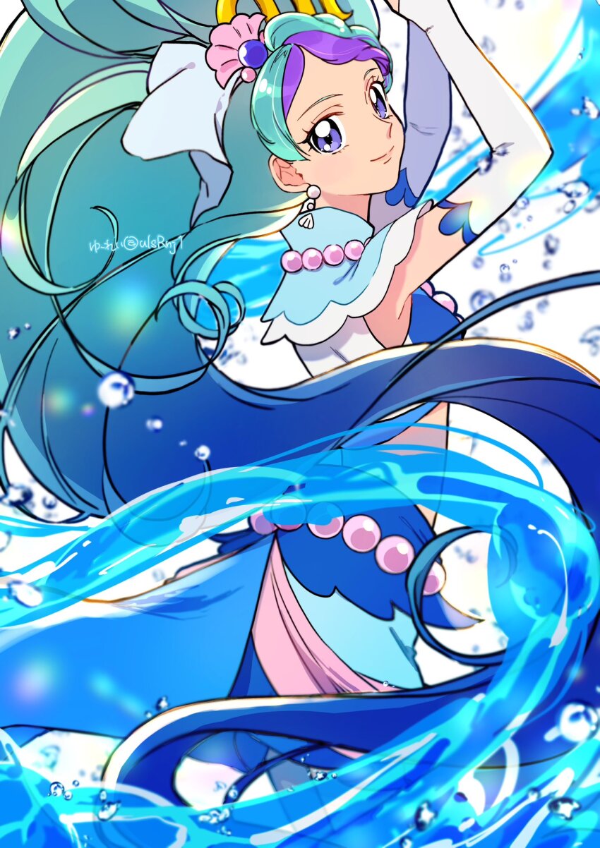 1girl blue_eyes blue_hair blue_wrist_cuffs bow crown cure_mermaid earrings go!_princess_precure gold_crown highres jewelry kaidou_minami long_dress long_hair looking_at_viewer magical_girl mermaid_dress multicolored_hair navel precure shell shell_earrings solo two-tone_hair ulsrnj1 very_long_hair waist_bow wrist_cuffs
