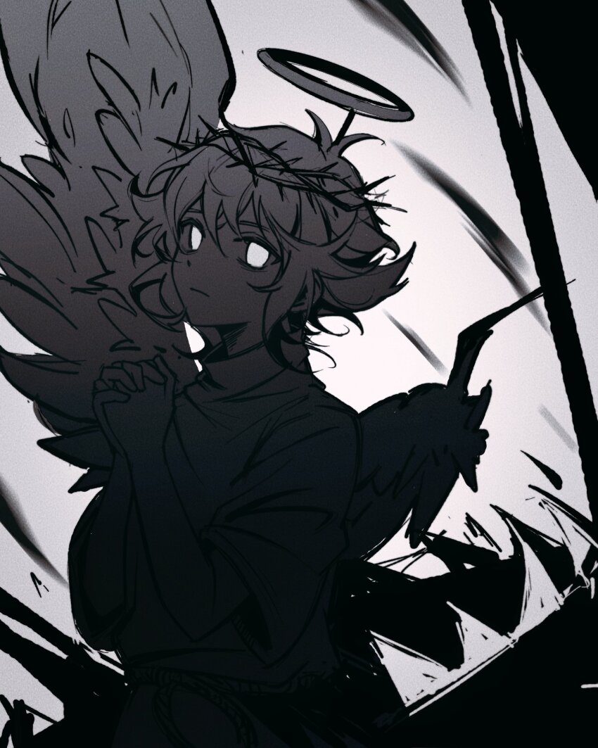 1boy alternate_costume angel_wings black_hair black_skin closed_mouth colored_skin crown_of_thorns fake_halo fake_wings halo highres looking_at_viewer niu_tata omori short_hair solo something_(omori) stranger_(omori) white_eyes wings