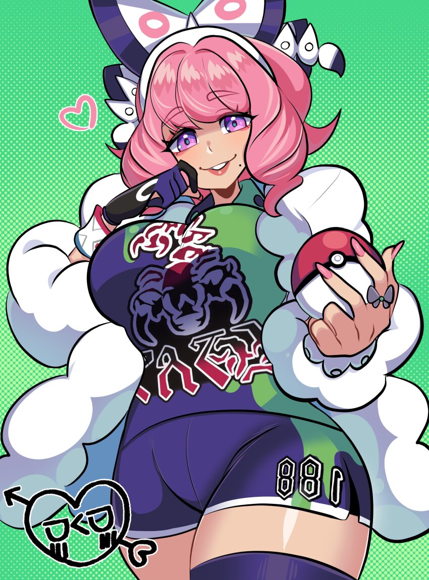 1girl absurdres asymmetrical_legwear bow bracelet breasts collared_shirt creatures_(company) drill_hair dynamax_band eyeshadow flipped_hair fur_jacket game_freak gloves hair_bow hairband hand_up highres holding holding_poke_ball jacket jewelry klara_(pokemon) large_breasts makeup mismatched_legwear missandydandy mole mole_under_mouth nintendo pink_eyeshadow pink_hair pink_lips poke_ball poke_ball_(basic) pokemon pokemon_swsh print_shirt print_shorts purple_eyes ring shirt short_hair shorts side_slit side_slit_shorts single_glove smile solo thighhighs twin_drills white_bow white_hairband