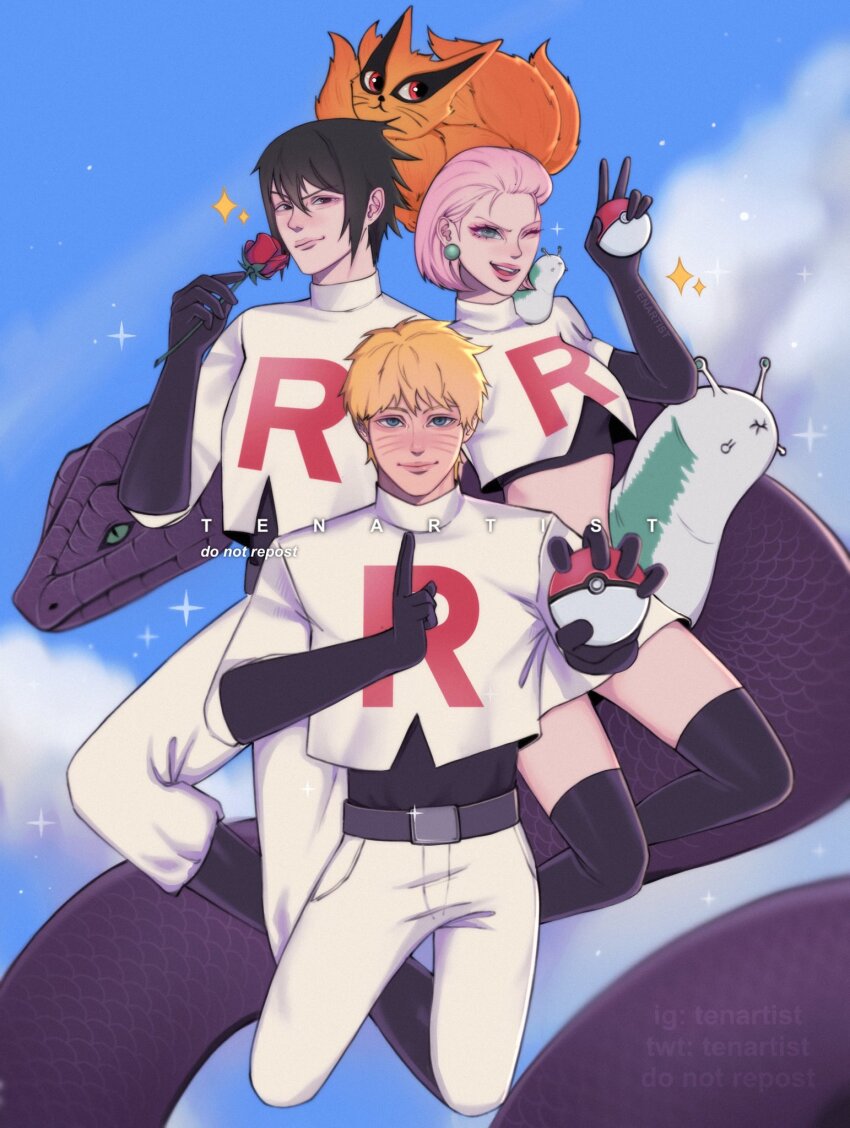 1girl 2boys black_gloves black_hair black_thighhighs blonde_hair blue_sky commentary cosplay creatures_(company) crop_top earrings elbow_gloves english_commentary flower game_freak gloves hair_between_eyes hair_slicked_back haruno_sakura highres holding holding_flower holding_poke_ball instagram_username james_(pokemon) james_(pokemon)_(cosplay) jessie_(pokemon) jessie_(pokemon)_(cosplay) jewelry multiple_boys naruto naruto_(series) nintendo one_eye_closed pants pink_hair poke_ball pokemon pokemon_(anime) pokemon_(classic_anime) red_flower red_rose rose skirt sky snake sparkle tenartistt thighhighs twitter_username uchiha_sasuke uzumaki_naruto white_pants white_skirt