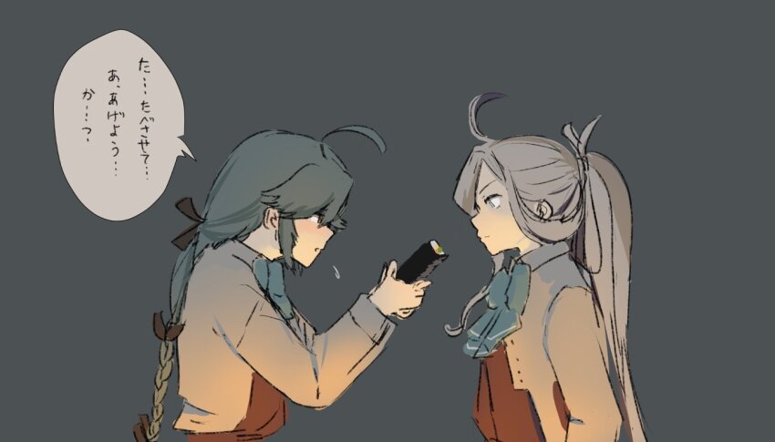 2girls ahoge aqua_bow aqua_bowtie asashimo_(kancolle) asashimo_kai_ni_(kancolle) bow bowtie braid brown_dress collared_shirt commentary_request dress dress_shirt grey_background grey_hair halter_dress halterneck hamanami_(kancolle) kantai_collection kuragare multiple_girls ponytail shirt single_braid translation_request upper_body white_shirt