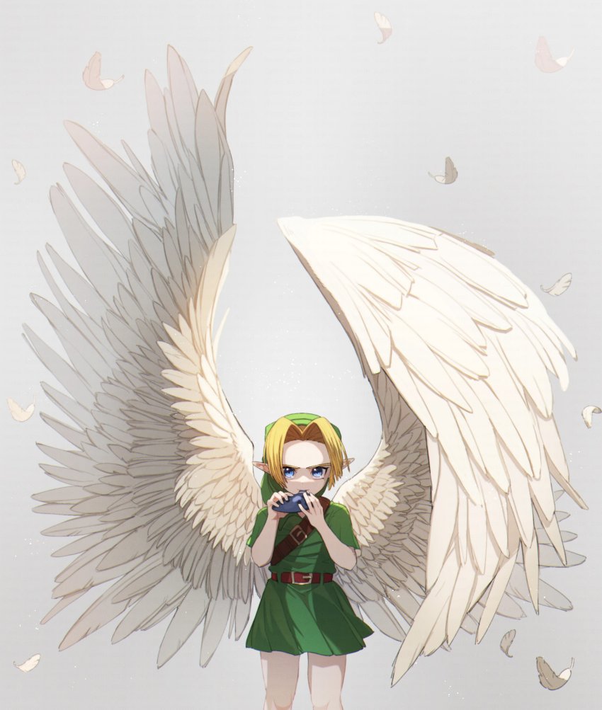 1boy absurdres angel_wings ao_haruki belt blonde_hair blue_eyes cowboy_shot falling_feathers feathers green_headwear green_tunic grey_background highres holding holding_instrument instrument link looking_at_viewer male_focus music nintendo parted_bangs playing_instrument pointy_ears short_hair short_sleeves solo the_legend_of_zelda the_legend_of_zelda:_majora&#039;s_mask tunic white_wings wings