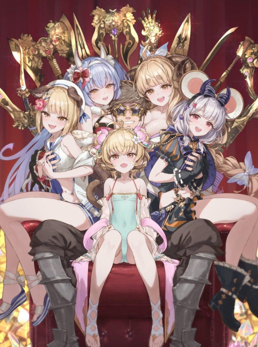 andira_(granblue_fantasy) andira_(summer)_(granblue_fantasy) anila_(granblue_fantasy) anila_(sleepyhead_sheep)_(granblue_fantasy) anila_(yukata)_(granblue_fantasy) animal_ears aqua_one-piece_swimsuit bare_shoulders belt bikini bikini_shorts blonde_hair blue_shorts breasts casual_one-piece_swimsuit catura_(granblue_fantasy) catura_(holiday)_(granblue_fantasy) covered_navel dog_ears dog_girl dog_tail double_bun draph erune flower gran_(granblue_fantasy) granblue_fantasy green_one-piece_swimsuit hair_bun hair_flower hair_ornament hakui_ami hat highleg highleg_swimsuit highres horns large_breasts long_hair looking_at_viewer monkey_ears monkey_girl monkey_tail official_alternate_costume one-piece_swimsuit pointy_ears sailor_collar sailor_hat scrunchie short_hair shorts sleeveless sleeveless_jacket smile star-shaped_eyewear star_(symbol) sunglasses swimsuit tail vajra_(granblue_fantasy) vajra_(summer)_(granblue_fantasy) vikala_(granblue_fantasy) vikala_(halloween)_(granblue_fantasy) white_belt white_headwear wrist_scrunchie