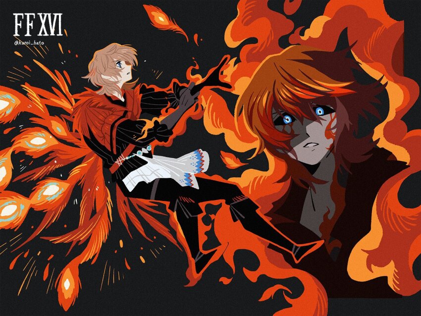 1boy black_background black_footwear black_gloves black_pants black_sclera black_shirt blonde_hair blue_eyes colored_sclera facial_mark feathers final_fantasy final_fantasy_xvi fire gloves glowing glowing_eyes hair_between_eyes joshua_rosfield kuroihato male_focus medium_hair pants parted_lips phoenix_(final_fantasy) red_feathers red_scarf scarf shirt