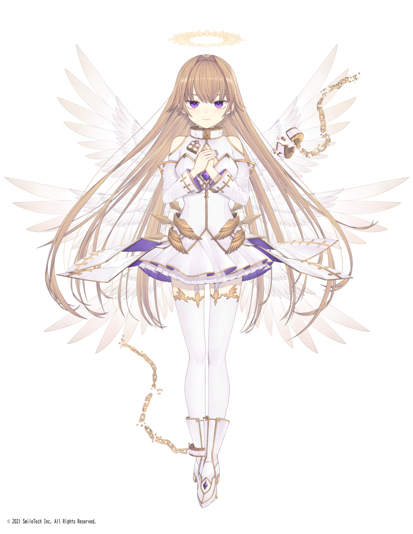 1girl absurdres angel angel_wings bare_shoulders blonde_hair boots broken broken_chain chain character_request cleavage_cutout closed_mouth clothing_cutout collar company_name copyright_notice crack cuffs detached_sleeves fake_wings feathered_wings fingernails floating_hair frilled_skirt frills full_body gem gold_chain gold_trim hair_intakes halo hands_on_own_chest hands_up highres layered_sleeves lock long_hair long_sleeves looking_at_viewer mahjong_hime miniskirt nail_polish own_hands_together padlock pleated_skirt purple_eyes purple_gemstone purple_nails riuichi shackles shirt shoulder_cutout sidelocks simple_background skirt skirt_set smile solo spread_wings straight-on thighhighs very_long_hair white_background white_boots white_collar white_shirt white_skirt white_sleeves white_thighhighs wings yellow_halo zettai_ryouiki