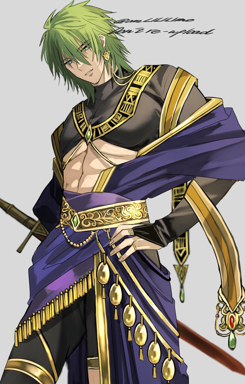 1boy abs absurdres alternate_costume blue_eyes bodystocking bridal_gauntlets commentary_request earrings fire_emblem fire_emblem:_path_of_radiance fire_emblem:_radiant_dawn green_hair highres jewelry male_focus medium_hair nintendo omlililimo parted_lips sheath sheathed simple_background solo stefan_(fire_emblem) sword twitter_username underpec weapon