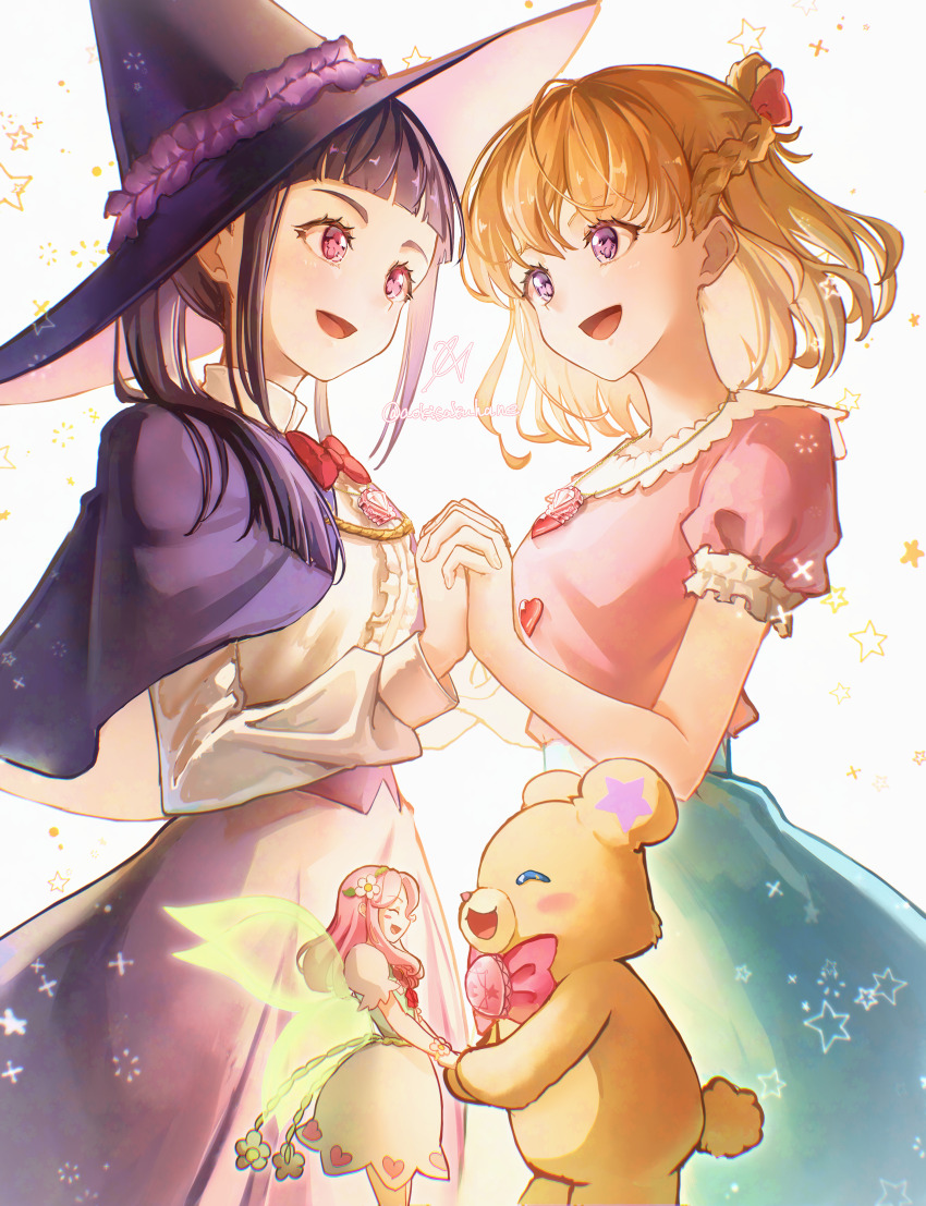 3girls absurdres aoi_hane asahina_mirai black_hat blonde_hair blouse blue_skirt blush bow bowtie braid closed_eyes commentary_request dress fairy fairy_wings flower hair_flower hair_ornament half_up_braid hanami_kotoha hat highres holding_hands izayoi_liko jewelry long_hair long_sleeves mahou_girls_precure! medium_hair mofurun_(mahou_girls_precure!) multicolored_dress multiple_girls necklace open_mouth pink_bow pink_bowtie pink_eyes pink_hair pink_shirt ponytail precure purple_eyes purple_hair purple_skirt red_bow red_bowtie shirt short_sleeves signature skirt smile stuffed_animal stuffed_toy teddy_bear twitter_username two-tone_capelet white_shirt wings witch_hat