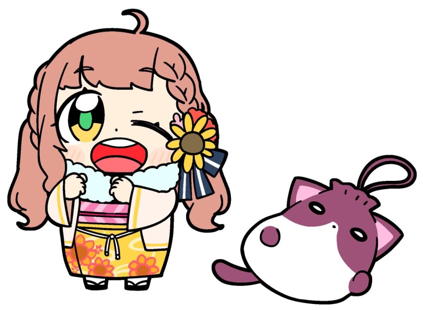 1girl ;d ahoge bkub blush braid chibi chibi_only dot_nose floral_print floral_print_kimono flower fur_collar green_pupils hair_flower hair_ornament haori honma_himawari honma_himawari_(8th_costume) japanese_clothes kimono kinchaku legs_apart long_sleeves nijisanji obi obijime one_eye_closed open_mouth pink_hair pink_sash pouch print_kimono round_teeth sandals sash simple_background smile solo standing sunflower sunflower_hair_ornament sunflower_print teeth twintails upper_teeth_only virtual_youtuber white_background yellow_eyes yellow_flower yellow_kimono zouri