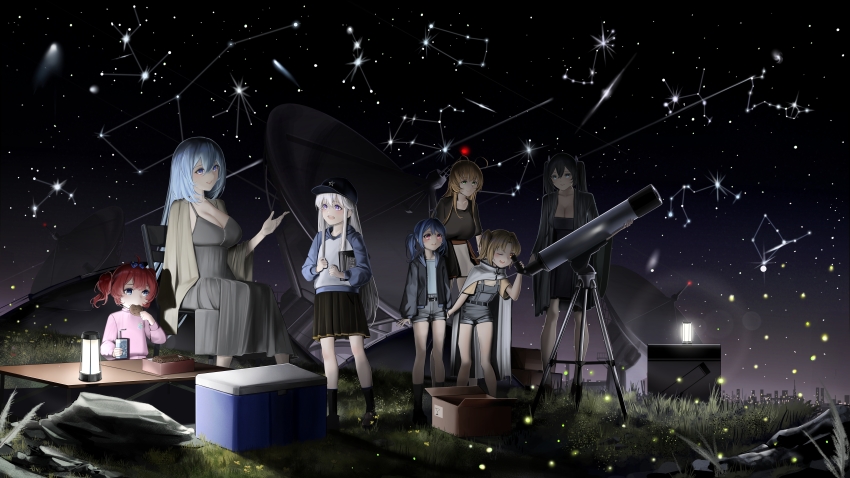 6+girls absurdres aged_down antenna_hair azur_lane big_dipper black_hat black_skirt blonde_hair blue_hair box cardboard_box clevelad_(azur_lane) constellation constellation_(azur_lane) constellation_request cookie draco_(constellation) eating enterprise_(azur_lane) fireflies food galaxy grass green_eyes grey_shorts hat highres holding holding_cookie holding_food holding_juice_box intrepid_(azur_lane) juice_box lena_(azur_lane) leo_(constellation) li&#039;l_sandy_(azur_lane) little_enterprise_(azur_lane) long_bangs long_hair multiple_girls night night_sky outdoors peaked_cap red_hair satellite scarfpen01 shorts skirt sky star_(sky) stargazing starry_sky table telescope wasp_(azur_lane) white_hair