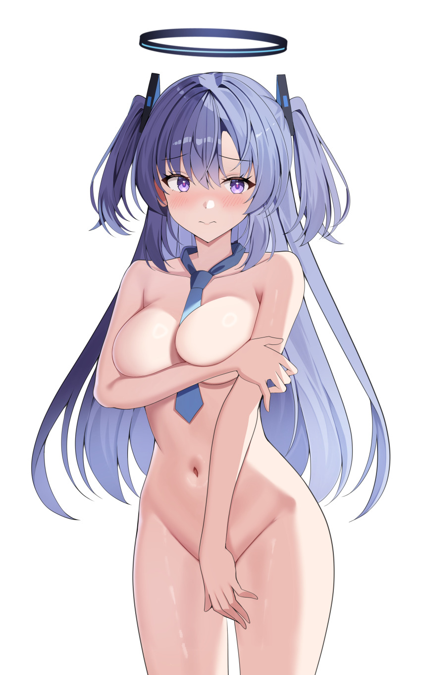 1girl absurdres black_halo blue_archive blue_necktie blush breasts closed_mouth covering_crotch covering_privates halo highres long_hair looking_at_viewer medium_breasts navel necktie nude purple_eyes simple_background sob_(submar1089) solo two_side_up white_background yuuka_(blue_archive)