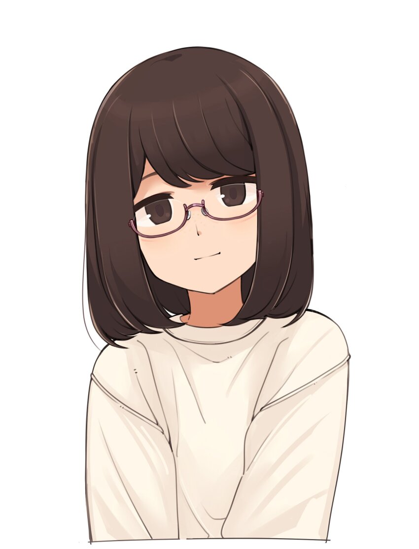 1girl absurdres black-framed_eyewear blush brown_eyes brown_hair closed_mouth glasses haiteku head_tilt highres long_sleeves looking_at_viewer original shirt simple_background smile solo striped_background upper_body white_background
