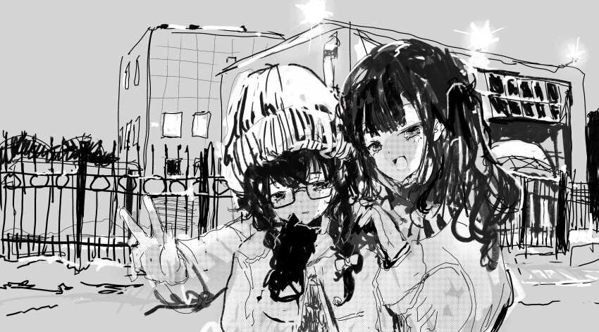 2girls absurdres arm_around_shoulder beanie braid building cevio coat commentary_request day fence glasses gloves greyscale hair_over_shoulder half-closed_eyes hanakuma_chifuyu hand_on_another&#039;s_shoulder hand_up hat highres kabuyama_kaigi long_hair long_sleeves looking_at_viewer low_twin_braids mole mole_under_eye monochrome multiple_girls natsuki_karin open_mouth outdoors parted_lips smile snow synthesizer_v twin_braids twintails upper_body w
