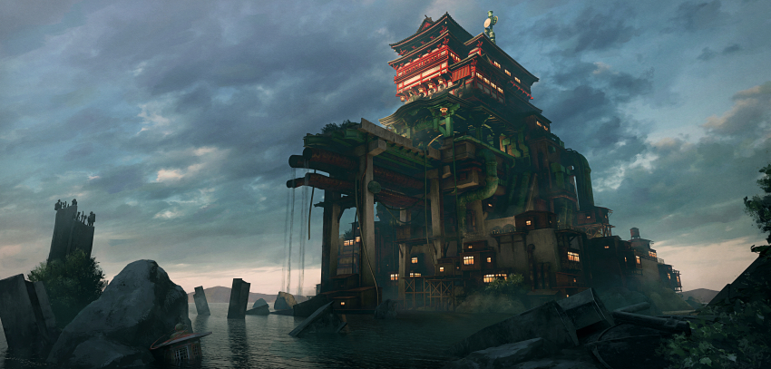 absurdres air_duct vent_(object) architecture blue_sky cloud collapsed column concrete east_asian_architecture evening highres industrial_pipe lantern mountainous_horizon no_humans ocean orange_sky original outdoors pillar rebar ruins rust satellite_dish scenery sky steel_beam tomo_ro water water_tower