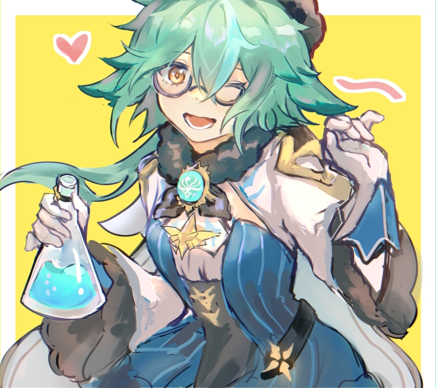 ;d animal_ears beaker border brown-framed_eyewear flask genshin_impact glasses gold_trim green_hair hat heart highres holding_beaker lower_teeth_only one_eye_closed open_mouth orange_eyes outdoors semi-rimless_eyewear shiba_(manbai_cnm) smile sucrose_(genshin_impact) teeth under-rim_eyewear vision_(genshin_impact) white_border yellow_background