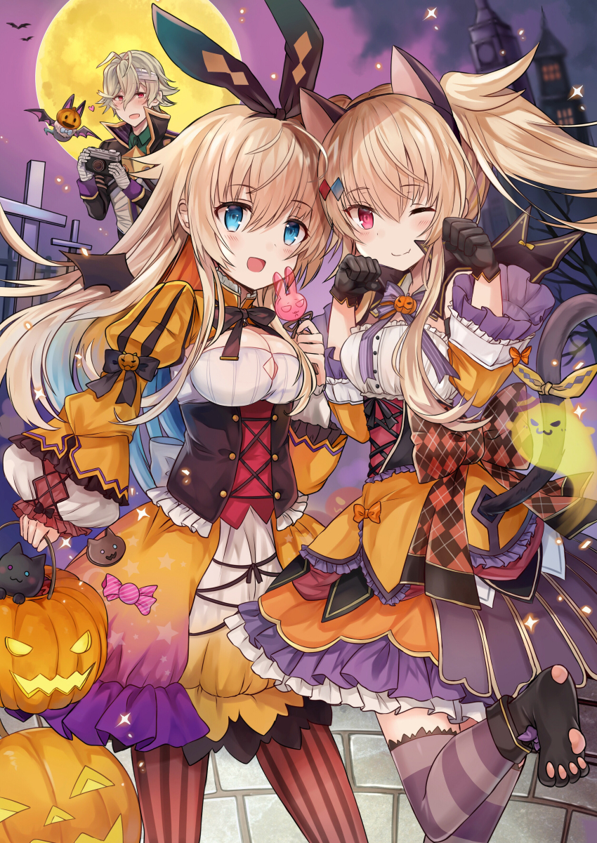 1boy 2girls absurdres alice_(grimms_echoes) alice_(grimms_notes) alice_(original)_(grimms_notes) animal_ears bat_wings black_corset black_gloves blue_eyes breasts camera cleavage closed_mouth corset cowboy_shot cross dress fake_animal_ears gloves grimms_echoes grimms_notes halloween_costume highres holding holding_camera lewis_carroll_(grimms_notes) lewis_carroll_(halloween)_(grimms_notes) light_blush medium_breasts moon multiple_girls official_alternate_costume one_eye_closed open_mouth orange_dress red_eyes retsuto smile striped_clothes striped_thighhighs thighhighs wings