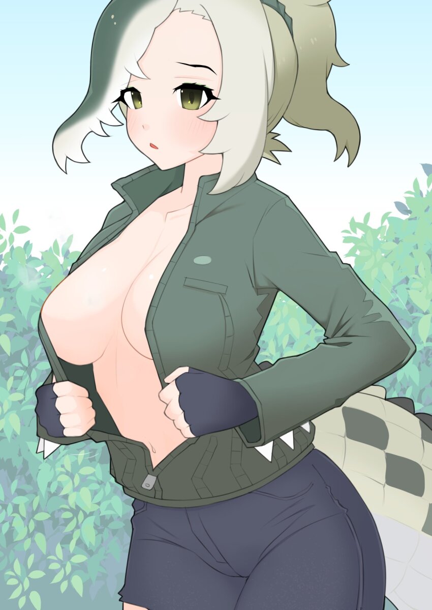 1girl asymmetrical_hair black_gloves black_shorts blush breasts bush commentary cowboy_shot crocodilian_tail fingerless_gloves gloves green_eyes green_hair green_shirt highres illu_(illu_stratos) kemono_friends long_sleeves looking_at_viewer medium_breasts multicolored_hair navel no_bra open_clothes open_mouth open_shirt outdoors saltwater_crocodile_(kemono_friends) shirt short_hair shorts solo symbol-only_commentary tail unzipped unzipping