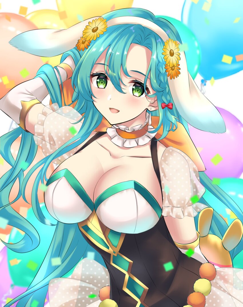 1girl animal_ears aqua_eyes arm_behind_head braid breasts chloe_(fire_emblem) chloe_(spring)_(fire_emblem) cleavage fake_animal_ears fire_emblem fire_emblem_engage french_braid green_eyes highres kakiko210 large_breasts leotard looking_at_viewer nintendo official_alternate_costume playboy_bunny rabbit_ears single_braid smile solo upper_body