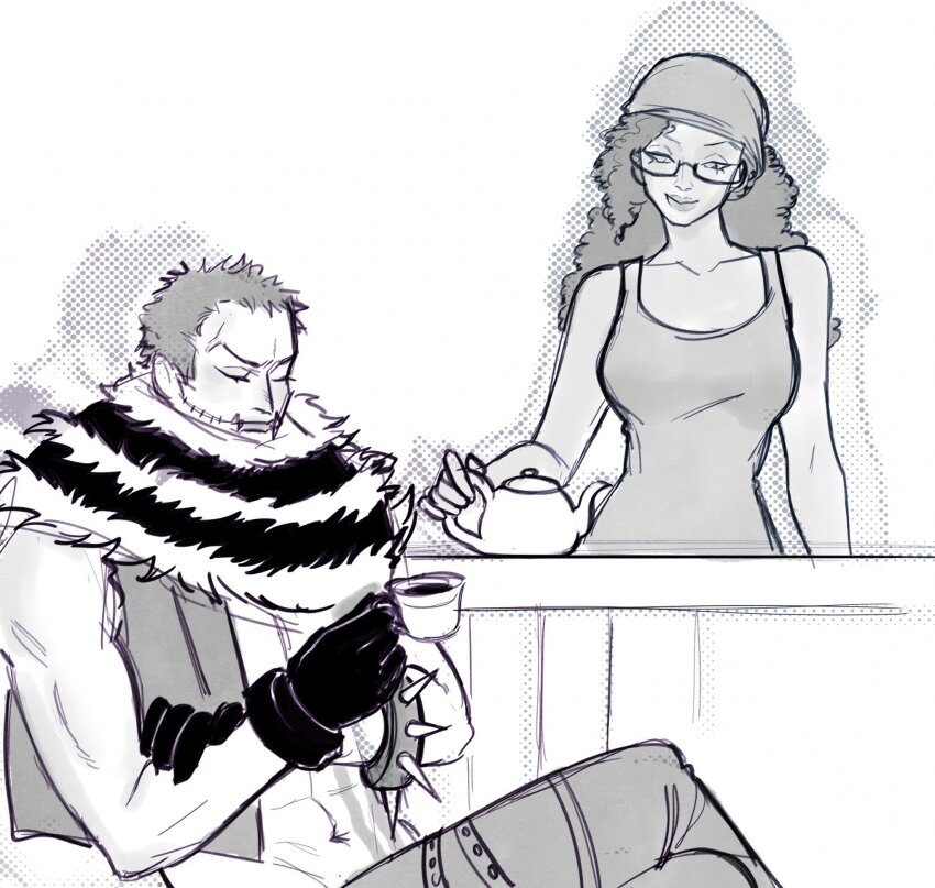 1boy 1girl bare_shoulders bracelet charlotte_katakuri closed_eyes collarbone crossed_arms cup glasses gloves halftone jewelry luseraphims miss_doublefinger monochrome muscular muscular_male one_piece smile spiked_bracelet spikes tank_top teacup teapot