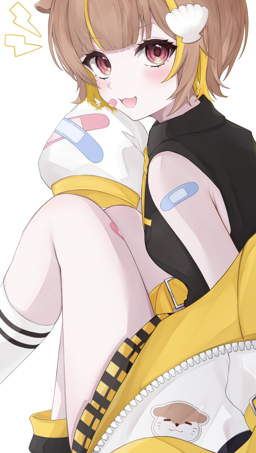 1girl :3 absurdres bandaid bandaid_on_cheek bandaid_on_face bandaid_on_shoulder black_shirt blonde_hair brown_hair colored_inner_hair fangs from_side highres jacket kneehighs million_production multicolored_hair nemuri_namida_rua open_clothes open_jacket open_mouth otonose_raco pink_eyes shell_hair_ornament shirt short_hair simple_background sitting sleeveless sleeveless_shirt socks solo streaked_hair two-tone_hair virtual_youtuber white_background white_socks yellow_jacket
