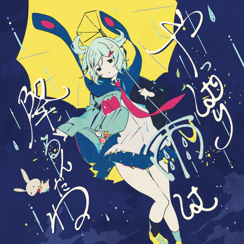 1girl absurdres album_cover animal aqua_hair black_eyes black_jacket black_socks blue_background blue_jacket blue_skirt blue_socks bob_cut closed_mouth cover dot_mouth expressionless floating floating_hair hair_ornament hairpin hand_up highres holding holding_umbrella hood hood_down hooded_jacket jacket light_blue_jacket looking_at_viewer messy_hair mismatched_socks multicolored_jacket necktie no_nose official_art omutatsu open_clothes parted_bangs pin pleated_skirt rabbit rain red_necktie shirt shoes simple_background skirt socks solo song_name tuyu_(band) two-tone_jacket umbrella water_drop white_shirt yappari_ame_wa_furunda_ne yellow_shoes yellow_umbrella