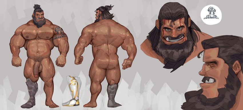 1boy abs arms_at_sides bara barod_(theorcbard) beard brown_hair reference_sheet chivo_(kalchivo) commission completely_nude cropped_shoulders dark-skinned_male dark_skin multiple_expressions facial_hair flaccid from_behind full_beard full_body girthy_penis grin hairy highres large_pectorals long_beard looking_at_viewer male_focus mature_male medium_hair multiple_views muscular muscular_male mustache navel navel_hair nipples nude orc original pectorals penis profile prosthesis prosthetic_leg second-party_source smile sparse_arm_hair sparse_chest_hair sparse_leg_hair sparse_navel_hair standing stomach strongman_waist thick_beard thick_eyebrows thick_mustache thick_thighs thighs tusks
