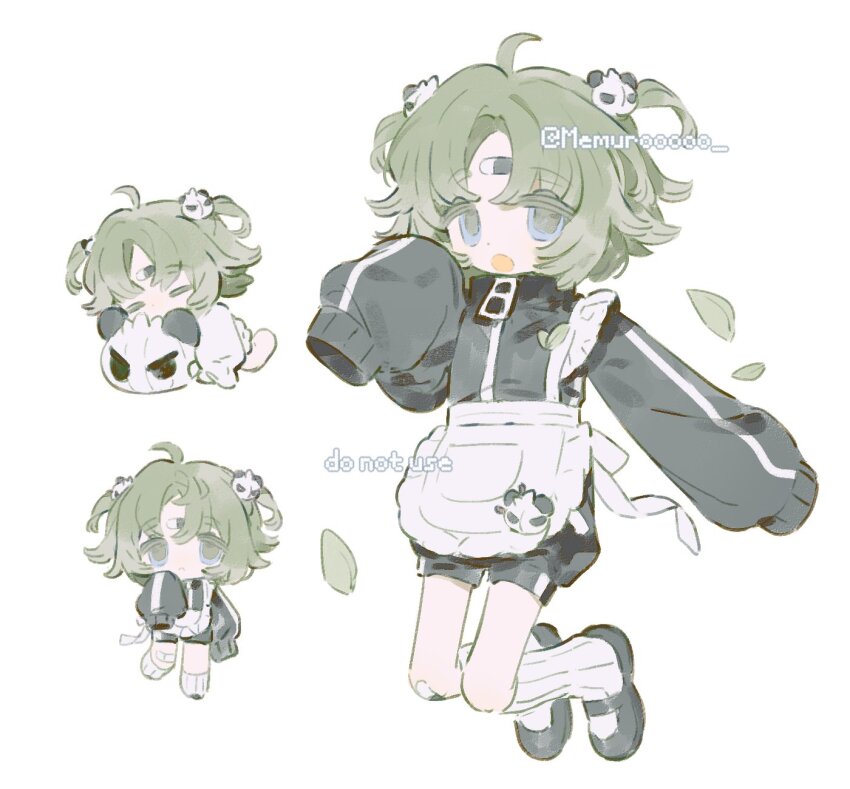 1girl apron bandaid blue_eyes braid chibi facial_mark full_body green_hair hair_ornament highres jacket long_sleeves memuro multiple_views original panda parted_bangs puffy_sleeves shoes short_hair simple_background sleeves_past_wrists socks two_side_up white_background
